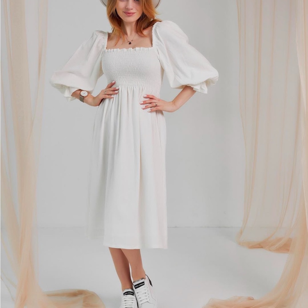 NEW Linen White Puff Sleeve Dress